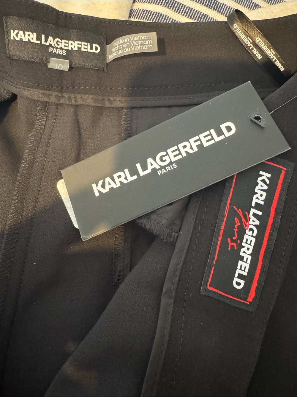 Karl Lagerfeld Black Straight-Leg Pants with Blue and White Side Stripes - Picture 4 of 4